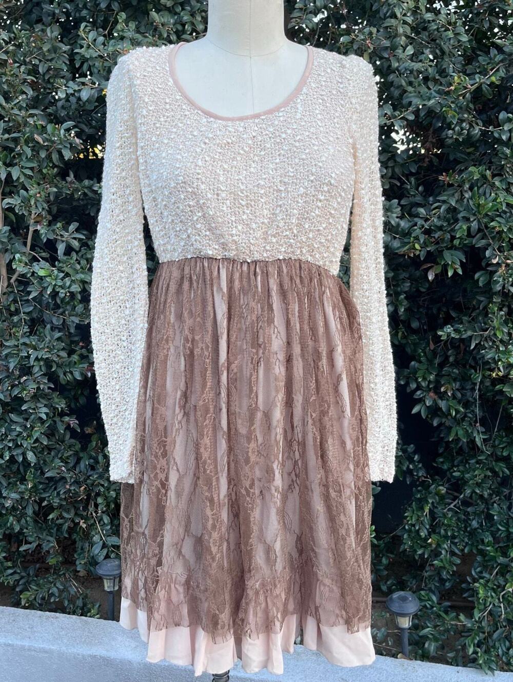 A’reve Romantic Tan Cream Underlined Tulle Stretch Long Sleeve Fairy Dress Small